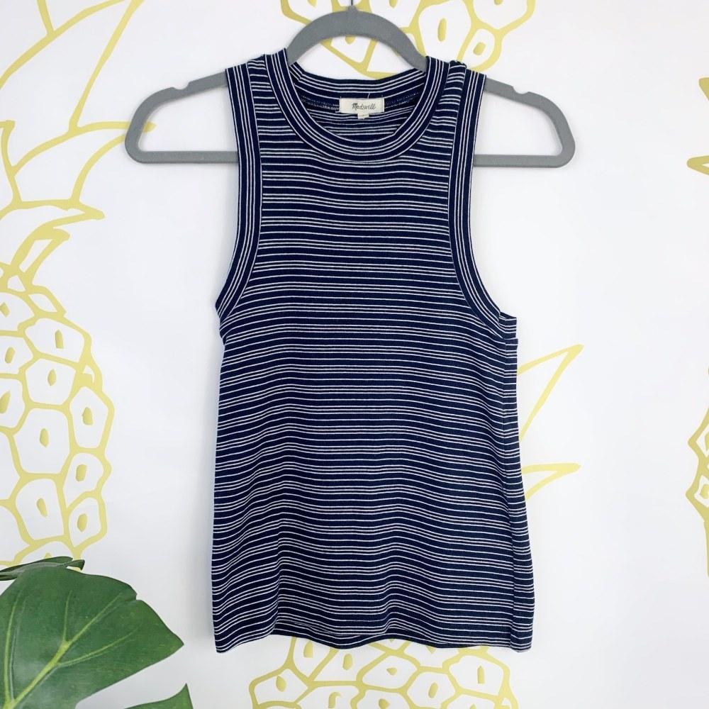 Madewell Women's S Navy White Striped Sleeveless Crew Neck Top Preppy Stretch!